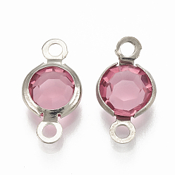 Бледно-Розовый 304 соединительные звенья нержавеющие, со стеклом, плоско-круглые, цвет нержавеющей стали, розовый жемчуг, 15x8.5x4 мм, отверстие : 1.5 мм