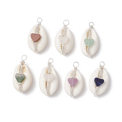 Белый Дым 7шт. 7 стили подвески из натурального камня и натуральной ракушки каури, подвески в форме ракушки из медной проволоки с цилиндрическим бисером, серебряный цвет гальваническим, серый, 28~29.5x14~15x10~10.5 мм, отверстие : 3.3 мм, 1 шт / стиль