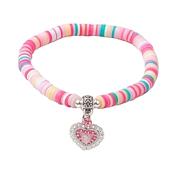 Бледно-Розовый Браслеты с подвесками в форме сердца из натуральных драгоценных камней и бисера миюки, Браслеты стрейч из полимерной глины в виде дисков из бисера, розовый жемчуг, внутренний диаметр: 2 дюйм (5.1 см)