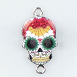 Colorful Cinco de Mayo Alloy Enamel Connector Charms, Sugar Skull Links, Platinum, Colorful, 26x14mm