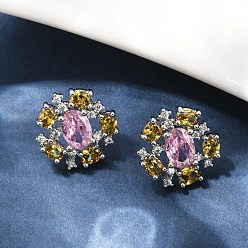 Платина Цветок латуни микро проложить кубического циркония серьги стержня, долговечный, без кадмия и без свинца, стойки покрытие, платина, 14.5x14.5 мм