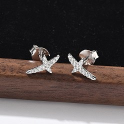 Платина 925 серьги-гвоздики из стерлингового серебра с прозрачным кубическим цирконием, крестик, слева и справа, платина, 10x6 мм