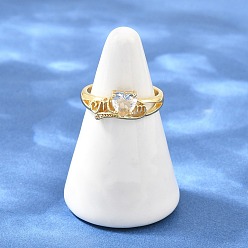 Clear Mother's Day Brass Pave Cubic Zirconia Cuff Open Rings, Heart with Word Mom, Lead Free & Cadmium Free, Long-Lasting Plated, Rack Plating, Real 18K Gold Plated, Clear, 7.5mm, Inner Diameter: 17mm