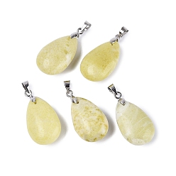 Камнь желтой горчицы Подвески из натуральной желтой горчицы яшмы, слезинки, с защелкой из нержавеющей стали на поручнях, цвет нержавеющей стали, 28~32x14~16x8~10 мм, отверстие : 4.5x3.5 мм