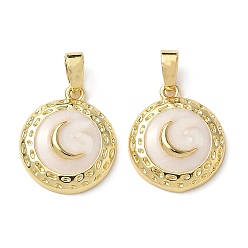 Белый Латунь эмаль подвески, плоская круглая с лунным шармом, реальный 18 k позолоченный, белые, 16x14x4 мм, отверстие : 2.5x5 мм