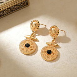 Jet Alloy Rhinestone Stud Dangle Earrings for Women, Flat Round, Golden, Jet, 48x16mm
