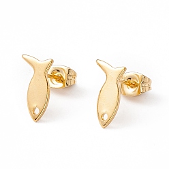 Real 24K Gold Plated 201 Stainless Steel Stud Earring Findings with Hole, 304 Stainless Steel Pins and Ear Nuts, Fish, Real 24K Gold Plated, 11.5x6.5mm, Hole: 1.2mm, Pin: 0.8mm
