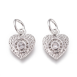 Платина Латунные микро проложить кубического циркония прелести, с прыжковых колец, сердце, прозрачные, платина, 10x8x1.8 мм, кольца прыжок: 3 мм