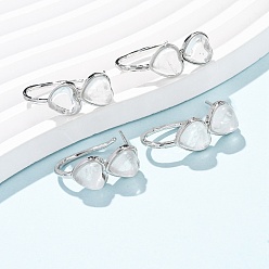 Хрусталь Серьги-гвоздики в форме сердца из натурального кварца ко Дню святого Валентина, с латунными застежками для сережек с гальваническим покрытием, платина, 26x10 мм