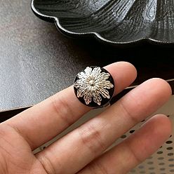Черный Сплав смолы палец кольца, плоские круглые с цветком, платина, чёрные, внутренний диаметр: 15~20 мм