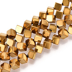 с Золотистым Покрытием Гальванические нити из синтетических немагнитных гематитовых бусин, вакуумное покрытие pvd, диагональные кубические бусины, с золотым покрытием, 5.5x5.5x5.5 мм, отверстие : 0.8 мм, около 0.8~0.9 мм, около 76~79 шт / нитка, 15.35~15.75'' (39~40 см)