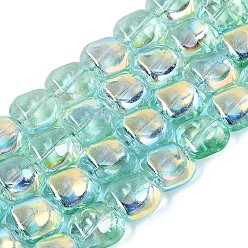 Turquoise Electroplate Transparent Glass Beads Strands, Beans, AB Color Plated, Half Plated, Turquoise, 10.5~11x11~11.5x7~7.5mm, Hole: 0.9~0.1mm, about 59~60pcs/strand, 25.20~25.59 inch(64~65cm)