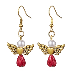 FireBrick Angel Antique Golden Alloy & Resin Dangle Earrings, Imitation Pearl Acrylic Drop Earrings, FireBrick, 45x21.5mm