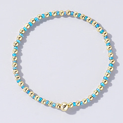 Небесно-голубой Женские браслеты из круглых бусин в корейском стиле из стекла и латуни, голубой, внутренний диаметр: 6-1/2 дюйм (16.5 см)