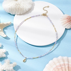 Shell Shape Летний пляж 304 ожерелья из нержавеющей стали для женщин, ожерелья из граненых стеклянных бусин для женщин, золотые, сирень, формы раковины, 15.67 дюйм (39.8 см), Кулон : 12.5x7.5x3 мм