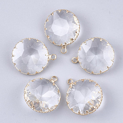 Прозрачный Стеклянные подвески, с латунной фурнитурой , граненые, плоско-круглые, золотые, прозрачные, 25x20.5x8 мм, отверстие : 2 мм