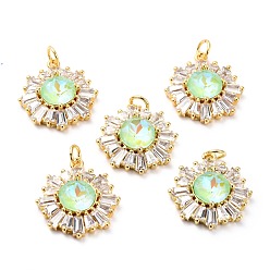 Pale Green Brass Micro Pave Cubic Zirconia Pendants, Long-Lasting Plated, Real 18K Gold Plated with Glass, Snowflake, Pale Green, 21.2x17.5x6.7mm, Hole: 3.6mm