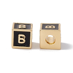 Letter B Стойки покрытие латунь эмаль бисер, без кадмия, без никеля и без свинца, реальный 18 k позолоченный, куб с письмом, чёрные, letter.b, 6x6x6 мм, отверстие : 2.5 мм