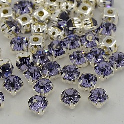 Танзания Шить на горный хрусталь, Оценка стеклянный горный хрусталь, с настройками латуни, аксессуары для одежды, серебристый цвет металлик, танзанитом, 4.2~4.4x4.2~4.4 мм, отверстия: 1 мм, около 1440 шт / мешок