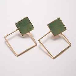 Зеленый Авантюрин Природный зеленый авантюрин уха шпильки, с латунной фурнитурой , ромб, золотые, 54x40x1.5~3 мм , штифт: 0.7 мм