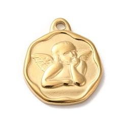 Real 14K Gold Plated 304 Stainless Steel Pendants, Flat Round with Angel Charms, Real 14K Gold Plated, 21x18x2.5mm, Hole: 2mm
