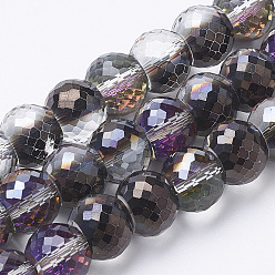 Черный Гальванические стеклянные бусины, с покрытием цвета радуги, граненые, круглые, чёрные, 10x8 мм, отверстие : 1.2 мм, около 78~80 шт / нитка, 24.4~25.19 дюйм (62~64 см)
