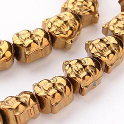 Golden Plated Buddha Head Electroplate Non-magnetic Synthetic Hematite Bead Strands, Golden Plated, 7x8x5mm, Hole: 1mm, about 54pcs/strand, 15.74 inch