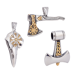 Antique Silver & Golden 3Pcs 3 Style 304 Stainless Steel Pendants, Ion Plating(IP), Mixed Shape, Antique Silver & Golden, 48~54x26~35x6~13.5mm, Hole: 4~9mm, 1pc/style