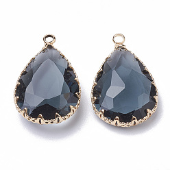 Prussian Blue K9 Glass Pendants, with Golden Tone Brass Findings, Faceted, Drop, Prussian Blue, 29~30x19x6~8.5mm, Hole: 2mm