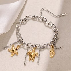 Золотой & Цвет Нержавеющей Стали 304 из нержавеющей стали шарм браслеты, браслеты-цепочки для женщин, черепаха, морская звезда и раковина, золотые и нержавеющая сталь цвет, 6-7/8 дюйм (17.5 см)