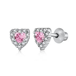 Perlas de Color Rosa Pendientes de tuerca con forma de corazón de circonita cúbica micropavé de plata de ley chapada en rodio para mujer, Platino verdadero plateado, rosa perla, 925 mm