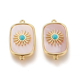 Pink Shell Brass Natural Pink Shell Links, with Natural Howlite, Dyed, Long-Lasting Plated, Rectangle with Sunbrust, Real 18K Gold Plated, 28x16x6.2mm, Hole: 1.2mm