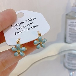 Настоящее золото 14K Серьги-кольца с цветочной эмалью из латуни, cmолой, реальный 14 k позолоченный, 17x13x15 мм