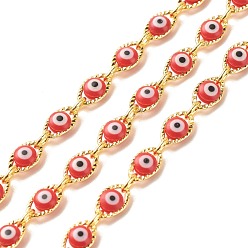 Красный Латунные овальные звенья цепи, со стеклянным сглазом из бисера, долговечный, пайки, с катушкой, золотые, красные, 10x6x3.5 мм, 5.5x4x1 мм