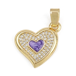 Фиолетовый Латунные микропроволочные кубические циркониевые подвески из эмали, сердце прелести, долговечный, стойки покрытие, без свинца и без кадмия, фиолетовые, 18x17x2.5 мм, отверстие : 5.5x3 мм