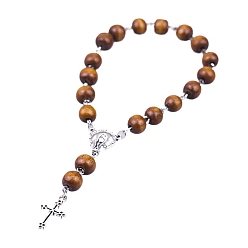 Coconut Brown Alloy Cross Charm Bracelet, Wood Rosary Beads Bracelet, Coconut Brown, 7-1/2 inch(19cm)