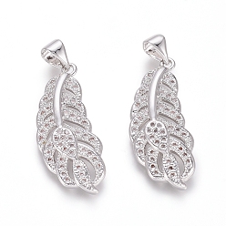 Platinum Brass Micro Pave Clear Cubic Zirconia Pendants, Feather, Platinum, 26x11x3mm, Hole: 5x3mm