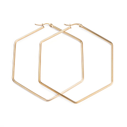 Золотой 201 угловые серьги-кольца из нержавеющей стали., с 304 штифтов из нержавеющей стали, шестиугольник, золотые, 12 датчик, 72x63x2 мм, штифты : 1x0.7 мм