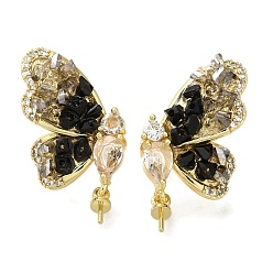 Настоящее золото 18K Фурнитура для сережек-гвоздиков из латуни с микропаве из прозрачного кубического циркония и кварца, с 925 иглой из стерлингового серебра, за половину пробурено бисера, без кадмия, без никеля и без свинца, бабочка, реальный 18 k позолоченный, 26x17 мм, штифты : 11.5x0.8 мм