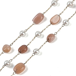 Солнечный Камень Ионное покрытие (ip) 304 цепи для канцелярских скрепок из нержавеющей стали, с бусинами из натурального солнечного камня и жемчужинами из АБС-пластика, реальный 18 k позолоченный, 11x7x4x5 мм, около 32.81 футов (10 м) / рулон