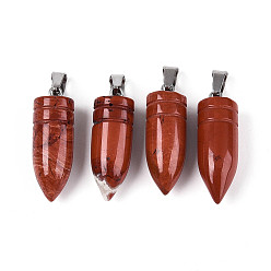Красный Камень Природные красной яшмы подвески, пулевые чары, с защелкой из нержавеющей стали на поручнях, цвет нержавеющей стали, 28~30x10~10.5 мм, отверстие : 7.5x3.5 мм
