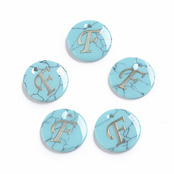 Letter F Synthetic Turquoise Charms, with Plastic Letter, Flat Round, Letter.F, 15x2mm, Hole: 1.5mm
