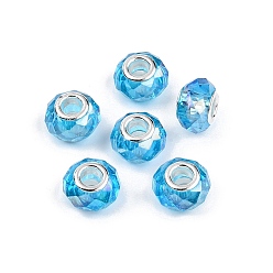 Светло-Голубой Прозрачное стекло европейские шарики, бусины с большим отверстием, с медными сердечниками, с покрытием AB цвета, граненые, рондель, Небесно-голубой, 13.5~14x9~9.5 мм, отверстие : 5 мм