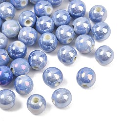 Cornflower Blue Glazed Porcelain Round Beads, Glossy Ceramic Beads, AB Color Plated, Cornflower Blue, 8mm, Hole: 2mm
