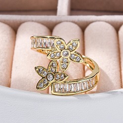 Настоящее золото 18K Кольца-манжеты для женщин с покрытием из латуни с микропаве из прозрачного кубического циркония, долговечный, цветок, реальный 18 k позолоченный, внутренний диаметр: 18 мм, регулируемый