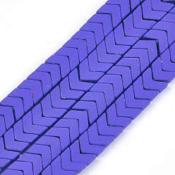 Blue Spray Painted Non-magnetic Synthetic Hematite Beads Strands, Matte Style, Arrow/Chevron, Blue, 7x8x3mm, Hole: 0.7mm, about 96pcs/strand, 15.9 inch