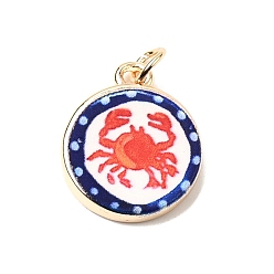 Золотой Латунь эмаль подвески, плоские круглые подвески с рисунком краба, золотые, 18x15x3.5 мм, Перейти кольцо: 5x1 мм, внутренний диаметр: 3 мм