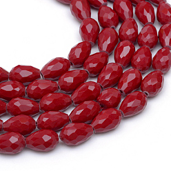 Dark Red Opaque Solid Color Glass Faceted Teardrop Beads Strands, Dark Red, 11x7.5~8mm, Hole: 1.5mm, about 56~58pcs/strand, 25 inch
