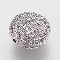 Platinum Brass Micro Pave Cubic Zirconia Beads, Lead Free & Cadmium Free, Flat Round, Platinum, 14.5x14.5x9mm, Hole: 1mm