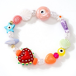 Сердце Летние милые разноцветные браслеты из стеклянных и искусственных жемчужных бусин, эластичные, сердце, 6.89 дюйм (17.5 см)